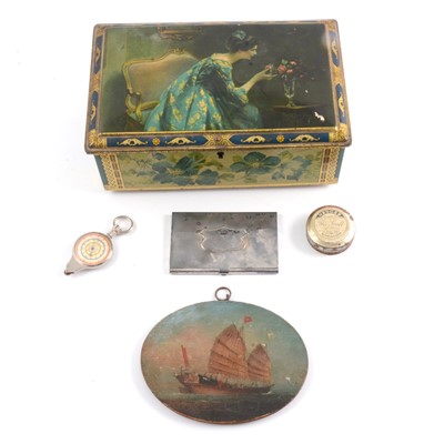 Lot 66 - China Trade small oval painting; vintage tin; other small items.