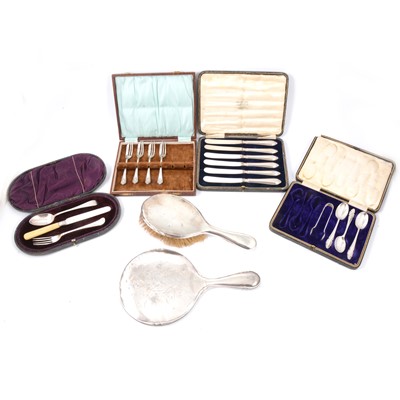 Lot 247 - Silver and plated flatware, cased part sets, silver backed hair brush and mirror.