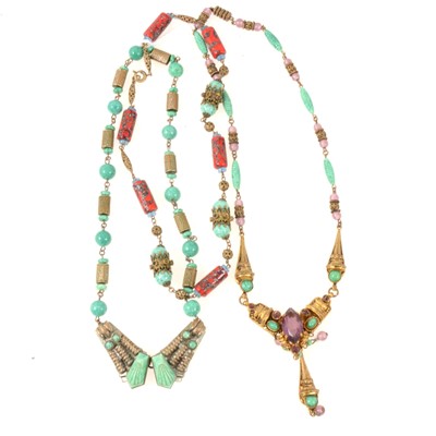 Lot 325 - Three Czechoslovakian necklaces set with simulated aventurine quartz and jade.