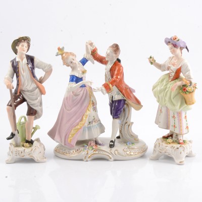 Lot 2 - Pair of Dresden figures of Gardeners; together with a group of Dancers.