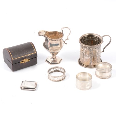 Lot 252 - Silver cream jug, William Henry Sparrow, napkin rings, christening mug , vets.