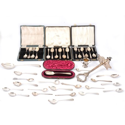 Lot 239 - Cased teaspoons, loose flatware, cruet stand handle.