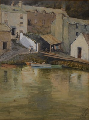 Lot 372 - Fred Dearden - a pair of Cornish harbour scenes, Polperro