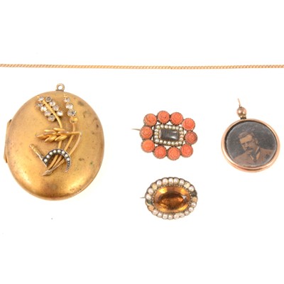 Lot 299 - Coral mourning brooch, gold-plated locket other vintage jewellery.