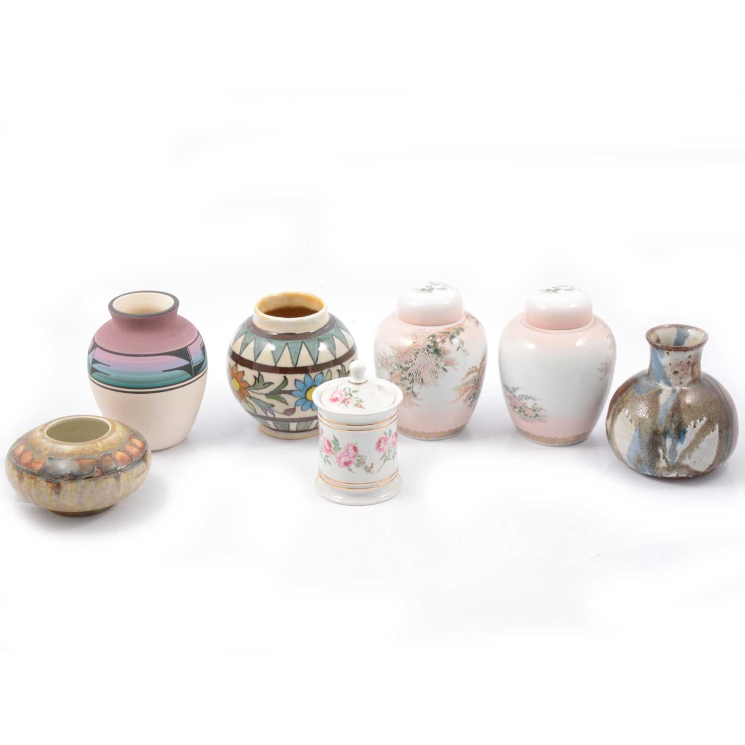 Lot 37 - Cranston Pottery squat vase and other vases and ginger jars.