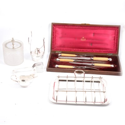 Lot 119 - Cased carving set, asparagus serving set, glass biscuit barrel, brandy warmer