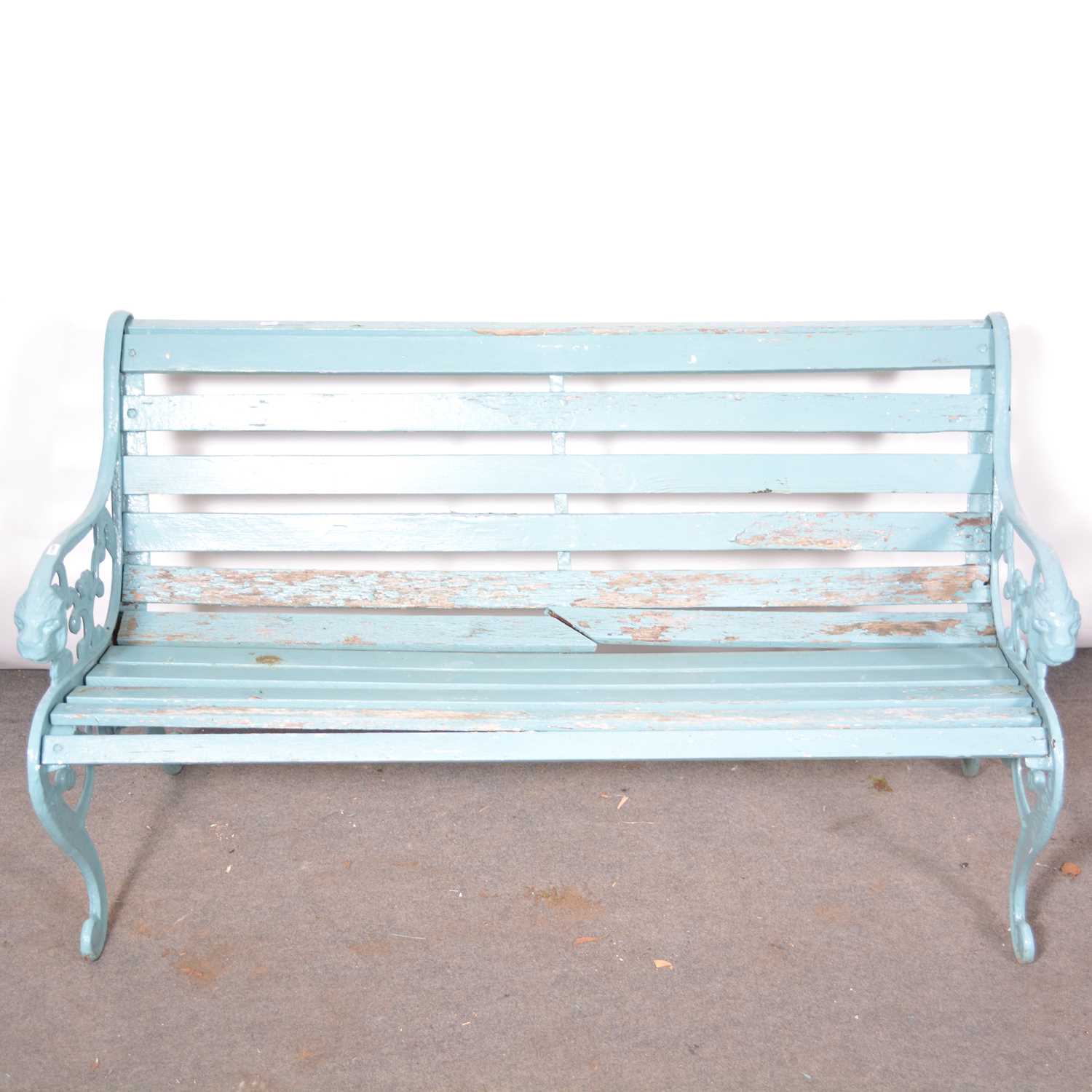 Lot 586 - Cast metal and wooden slatted garden bench