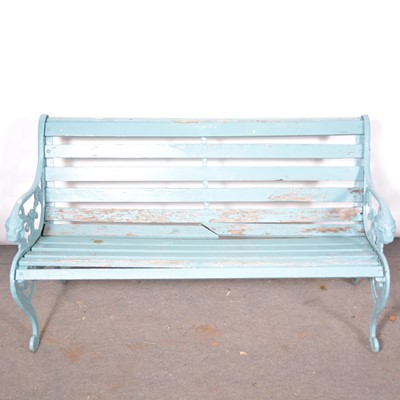 Lot 586 - Cast metal and wooden slatted garden bench