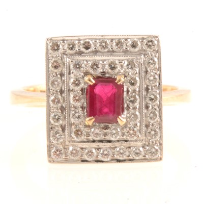 Lot 168 - Ruby and diamond square cluster ring.