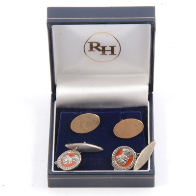 Lot 310 - Two pairs of cufflinks, 9 carat gold and silver George VI Coronation.