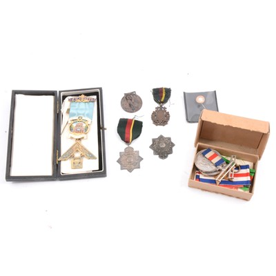 Lot 145 - WW2 Medals - a group of three to LWH Woodger, Masonic jewel and other medals.