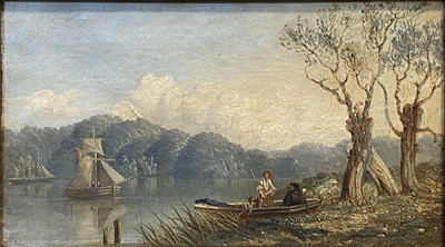 Lot 352 - Continental School - Figures in a rowing boat in lakeland landscape.