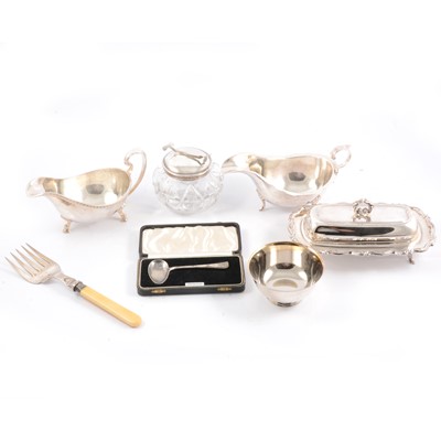 Lot 245 - Silver child's pusher, maker's mark indistinct, Birmingham 1939, and plated items.