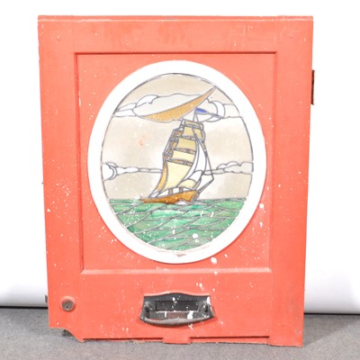 Lot 364 - Wooden door panel, oval leaded glass panel of a sailing ship