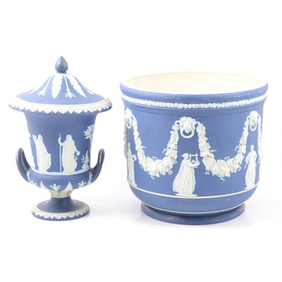 Lot 46 - Wedgwood dark blue Jasperware jardiniere and campagna-shaped urn.