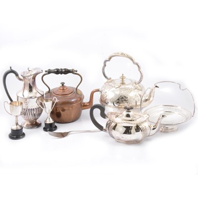 Lot 133 - Silver-plated kettle with stand and burner, and other plated wares.