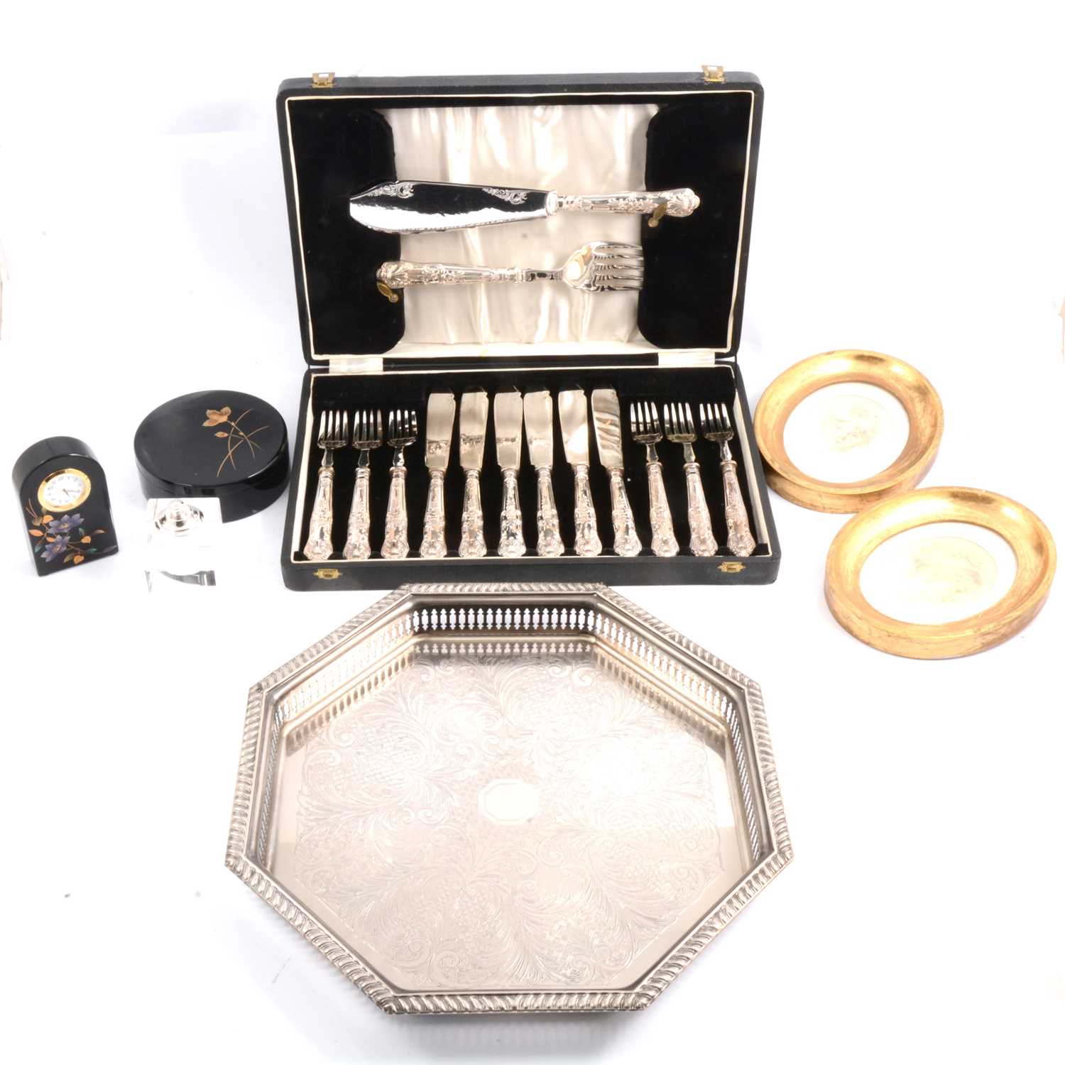 Lot 126 - Set silver-handled fish servers and eaters, plated tray, napkin rings, and other items.