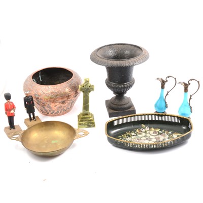Lot 129 - Cast metal garden urn, Egyptian copper spittoon and other decorative items.