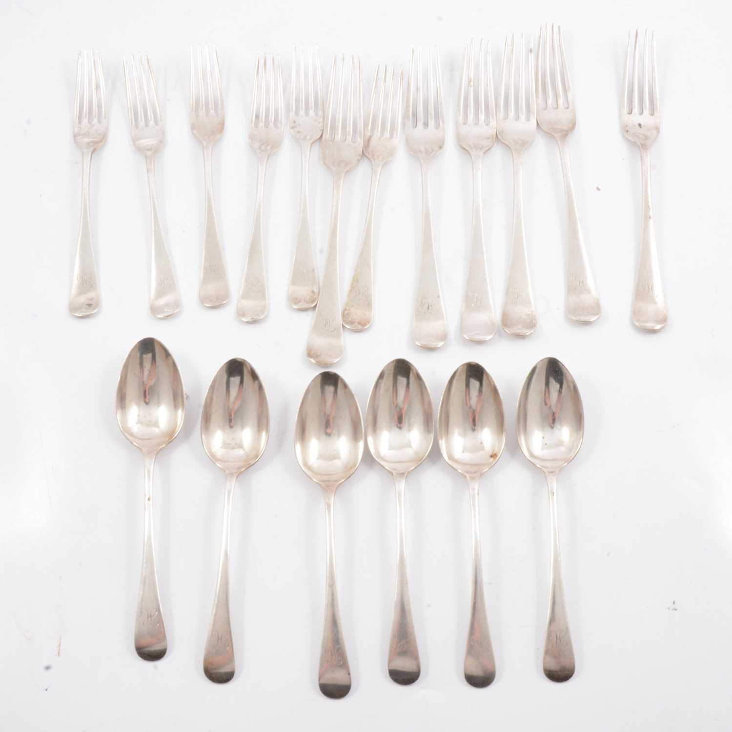 Lot 290 - Set of Old English pattern silver table forks, salad forks and spoons.