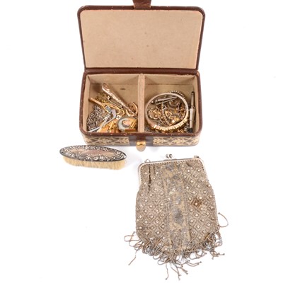 Lot 257A - Jewel box with silver and costume jewellery, paste set evening purse, Record 9ct gold watch.