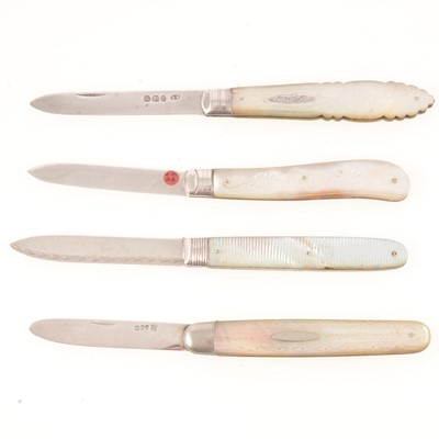 Lot 155 - Four mother-of-pearl and silver folding fruit knives.