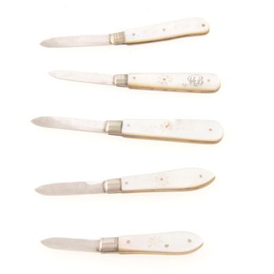 Lot 151 - Five mother-of-pearl and silver folding fruit knives.