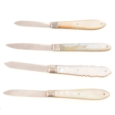 Lot 153 - Four mother-of-pearl and silver folding fruit knives.