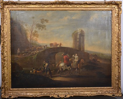 Lot 185 - Attributed to Jan Asselijn, Figures by a bridge