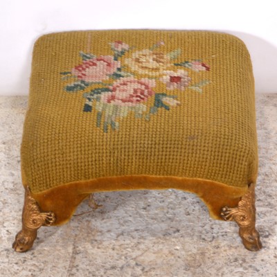 Lot 371 - French gilt metal foot stool with woolwork upholstery.