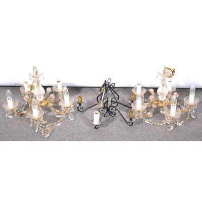 Lot 470 - Pair of five-light glass and gilt metal chandeliers