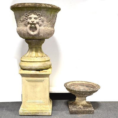 Lot 503 - Cast concrete pedestal garden urn on a plinth and a small birdbath