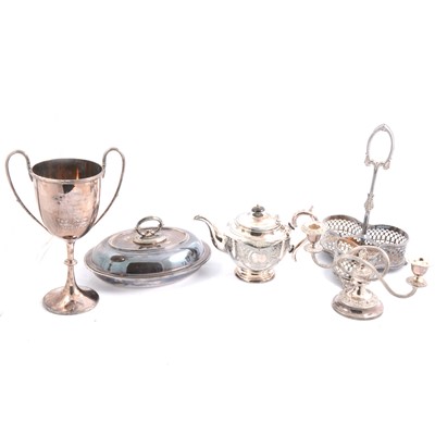 Lot 127 - Silver-plated charger, swing handle basket, trophy cup, trefoil bottle stand and other wares.