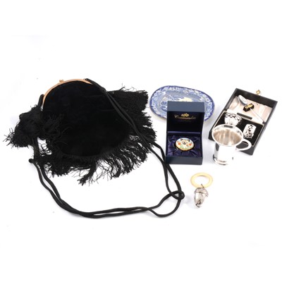 Lot 95 - Vintage black velvet bag, linen, flatware, Crummles enamel box, baby's teething ring.