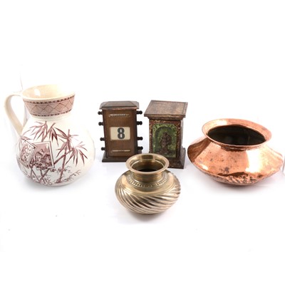 Lot 63 - Biscuit tin, perpetual calendar, copper vessel, brass vase, Victorian jug.