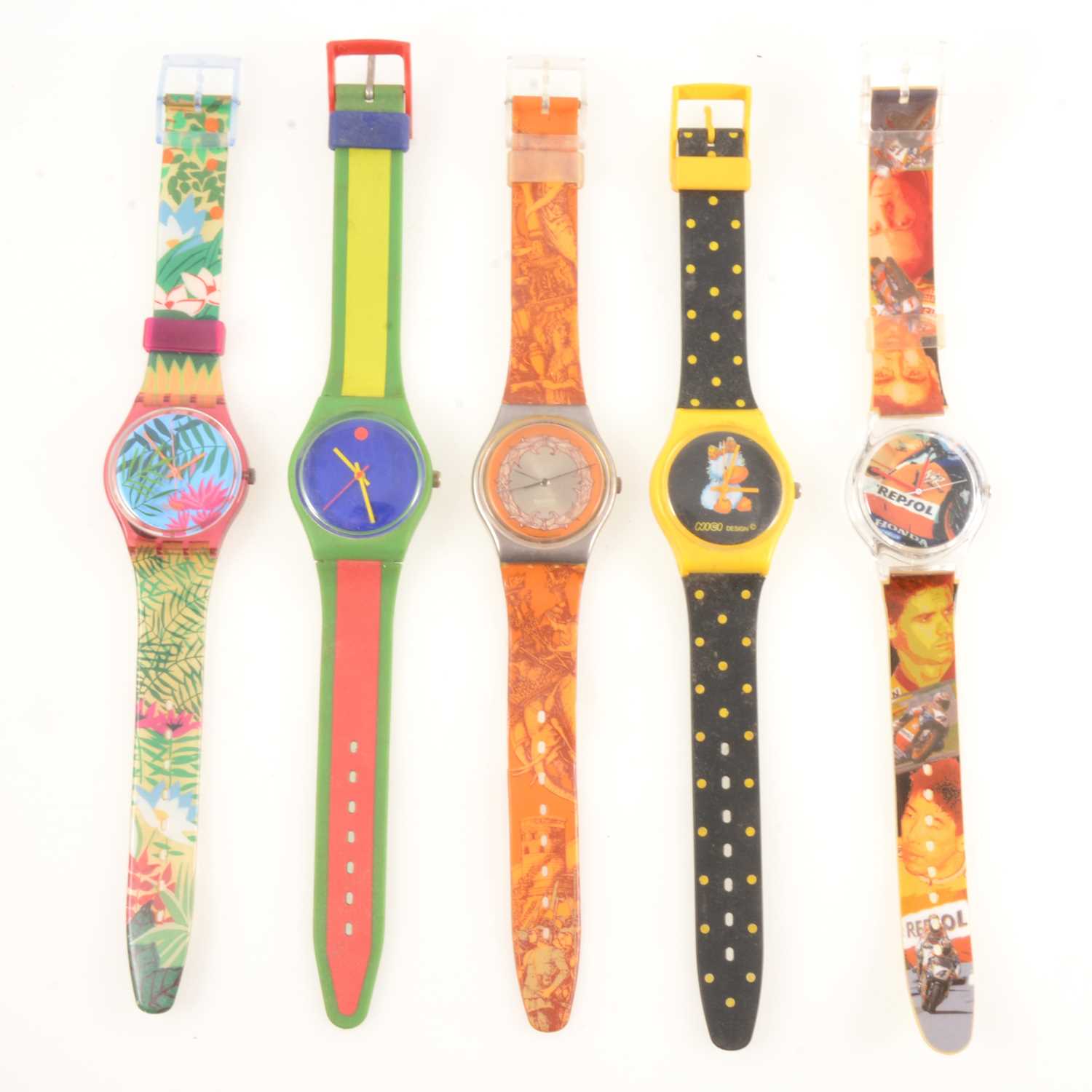 Lot 301 - Five novelty wristwatches, Swatch Floral Story.