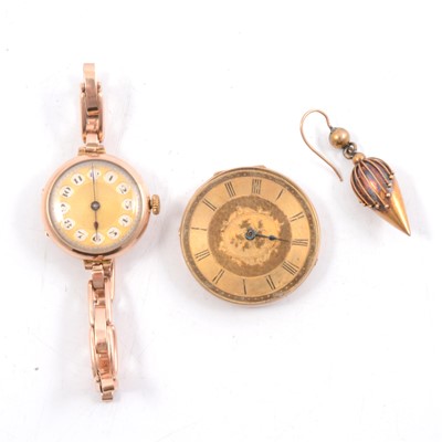 Lot 311 - Lady's vintage gold watch, damaged fob watch, single earring.