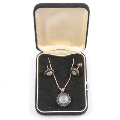 Lot 299 - Pair of moonstone and sapphire earrings and matching pendant.