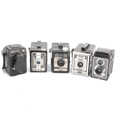 Lot 246 - Lubitel Univeral 166 twin-lens camera and box cameras.