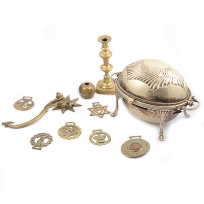 Lot 124 - Silver-plated platters, serving dish on stand, brass candlestick and other metalware.