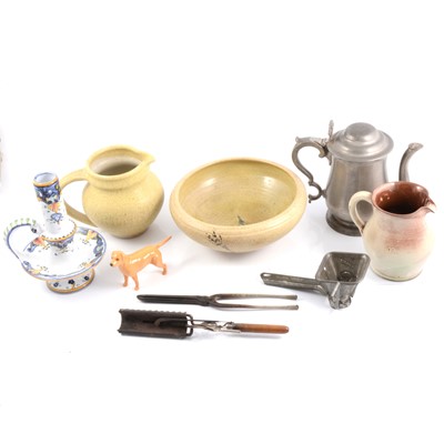 Lot 45 - Pewter, ceramics, brassware, Beswick dog, antique iron curling tongs and crimpers.