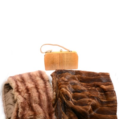 Lot 102 - A Mappin & Webb simulated snakeskin handbag and a mink stole and cape.