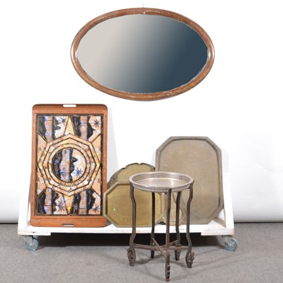 Lot 530 - Chinese folding table, brass top, other trays and mirrors