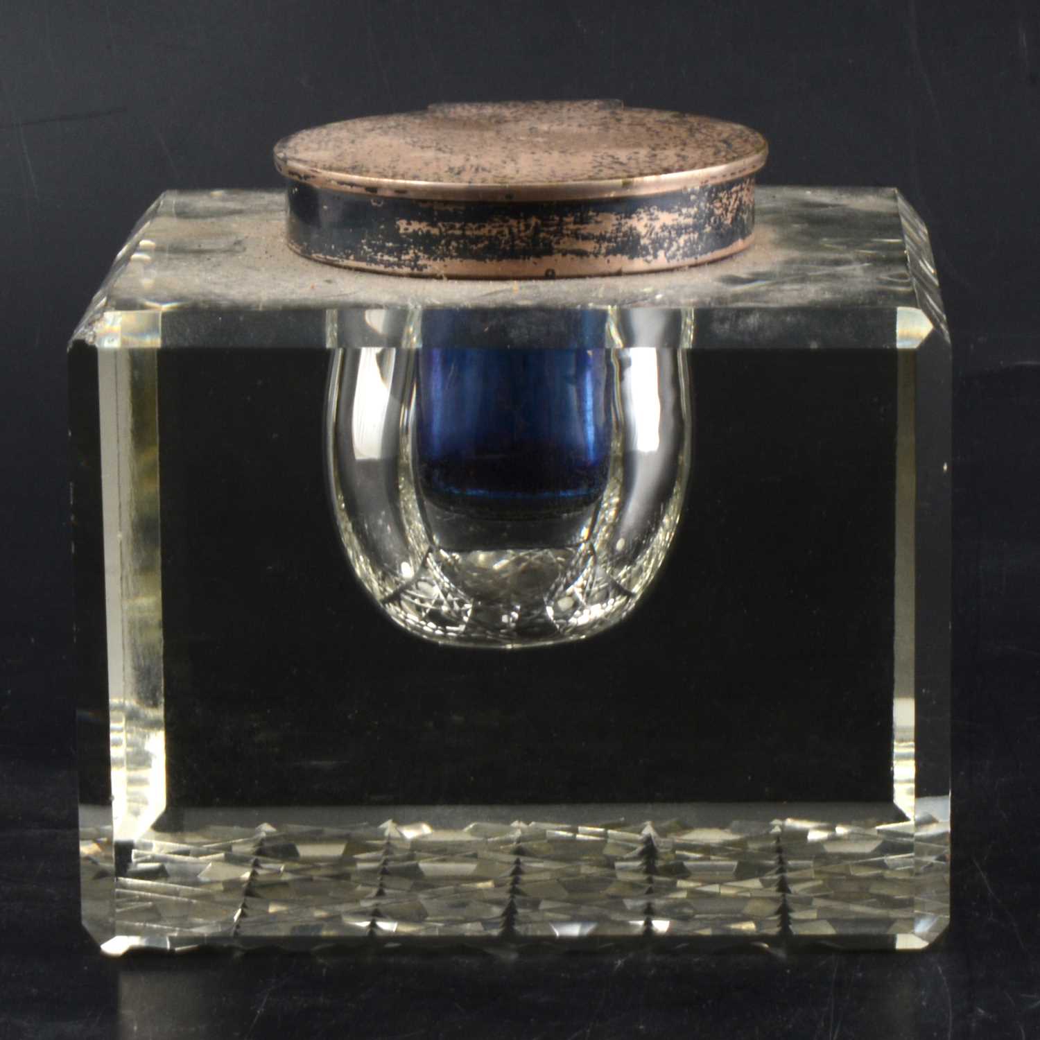 Lot 234 - Heavy square glass inkwell with silver cover by John Grinsell & Sons.