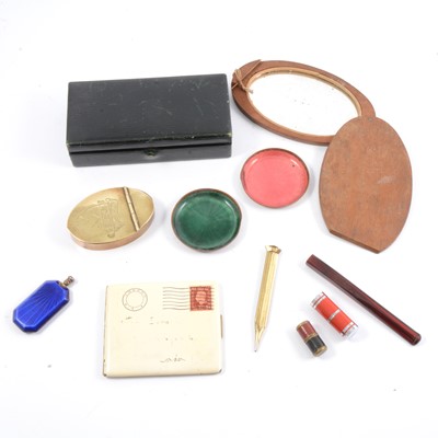 Lot 261 - Gentleman's wooden mirror, jewel box, enamelled envelope cigarette case, perfume bottle.