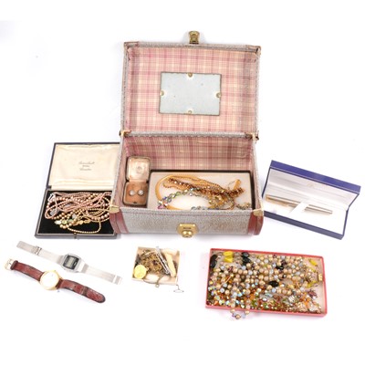 Lot 224 - Vintage vanity case with costume jewellery and Waterman boxed pen, Accurist watch.