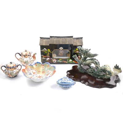 Lot 58 - Two boxes of Oriental wares, including carved soapstone dragon
