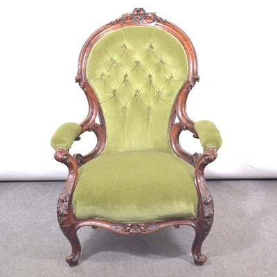 Lot 518 - Victorian easy chair, green velvet upholstery