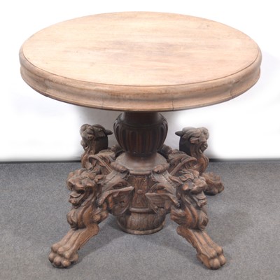 Lot 381 - Victorian oak pedestal table, lion claw tripod base