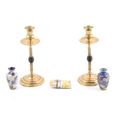 Lot 92 - Pair of brass candlesticks, two cloisonne vases, porcelain etui case.
