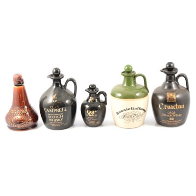 Lot 107 - Collection of  empty stoneware whisky flagons, decanters, branded bottles, etc